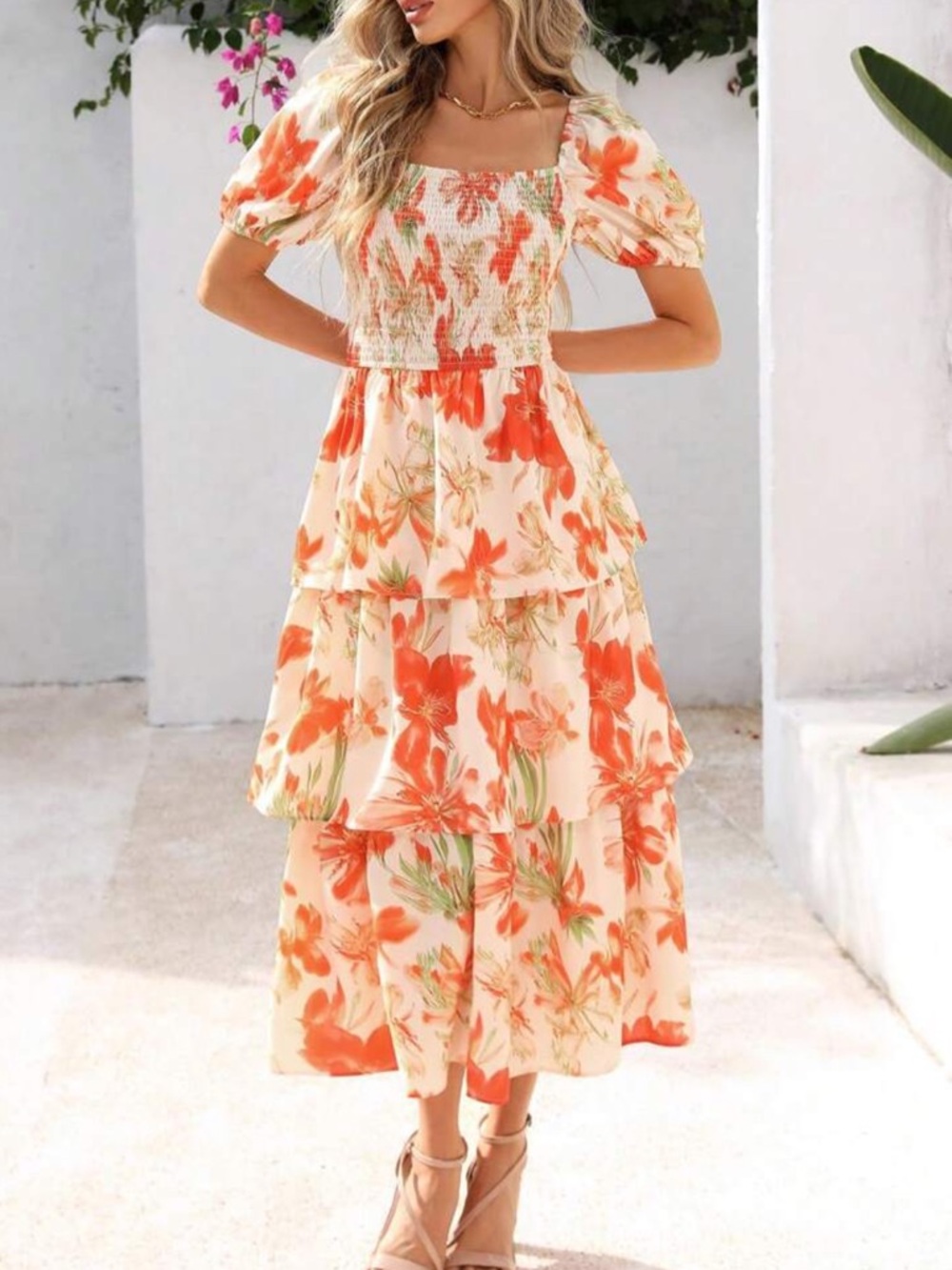 Apricot Floral Tiered Midi Dress - Orange & Cream